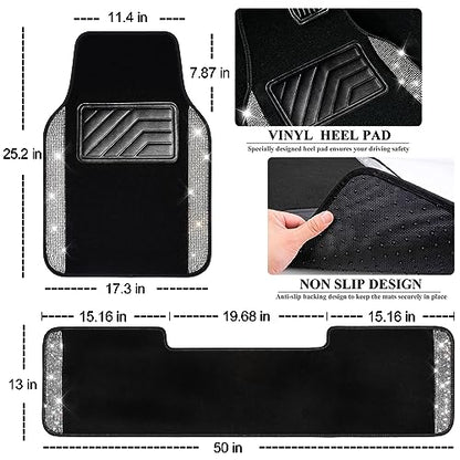CAR PASS Bling Diamond Car Mats Shining Carpet Crystal Rhinestones Sparkly Glitter Floor Mats with Anti-Slip PVC Heel Pad Universal for Automotive SUV, Sedan, Van, 3pcs for Girl Women, Black Silver - color: Black Silver