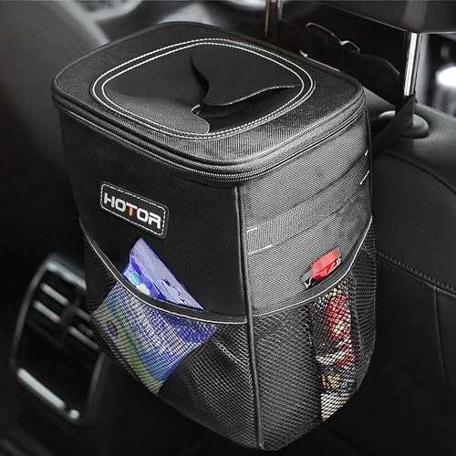 HOTOR Car Trash Can with Lid and Storage Pockets - 100% Leak-Proof Organizer, Waterproof Garbage Can, Multipurpose Trash Bin for Car, 2 Gallons, Black - color: Black, size: 2 Gallons