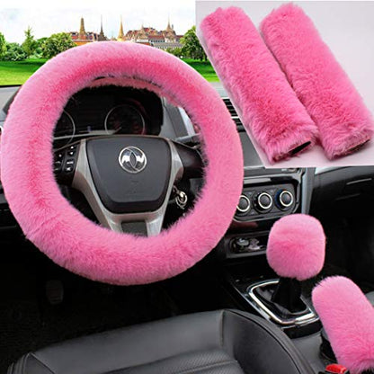 Pinbola 5pcs in 1 Set Faux Wool Steering Wheel Cover Soft Fluffy Handbrake Cover & Gear Shift Cover & 2pcs Seat Belt Shoulder Pads Warm Universal Fit for 15 Inch (Pink) - color: Pink
