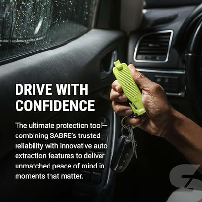 Sabre Safe Escape™ 3-in-1 Car Escape Tool for Car Safety with Spring-Loaded Window Breaker, No Swing Required, Seat Belt Cutter, LED Flashlight, Compact Auto Safety Tool for Emergencies - color: Neon Yellow