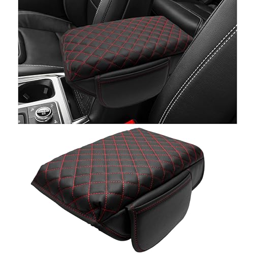Center Console Cover for Ford Explorer 2026 2025 2020-2024 Accessories 1.2in Thickness Armrest Cover Leather Arm Rest Box Lid Protector Cushion Pad Middle Console Cover with Side Pockets (Red Stitch) - color: Red Stitches