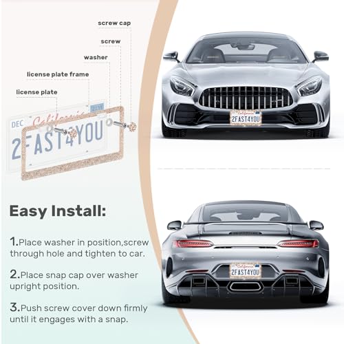 QUANQIUFEI 2 Pack Bling License Plate Frames, Sparkly Rhinestone Diamond Car License Plate Cover for Women, Stainless Steel Car Accessories with Glitter Crystal Caps (Light Peach) - color: Light Peach