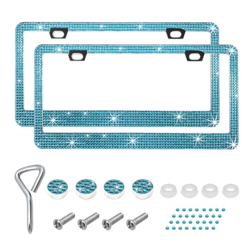 2 PCS Bling License Plate Frame, Stainless Steel Glitter Crystal Diamond License Plate Cover Holder, Sparkly Bedazzled Rhinestone Car Tag Covers for Women, Car Accessories (Blue) - color: Blue, size: 2PCS