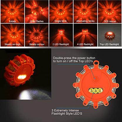 Tobfit 12 Pack LED Road Flares Emergency Lights Roadside Safety Beacon Disc Flashing Warning Flare Kit with Magnetic Base & Hook for Car Truck Boats | 9 Flash Modes (Batteries Not Included) (12) - color: 12 Sets