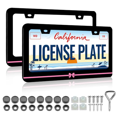 Pink Bow License Plate Frame - 2 PCS Aluminum Metal Funny License Plate Frames Holder for Women, Rust-Proof Waterproof Car Decorative Tag Frames with Screws Fasteners Caps - color: Pink Bow