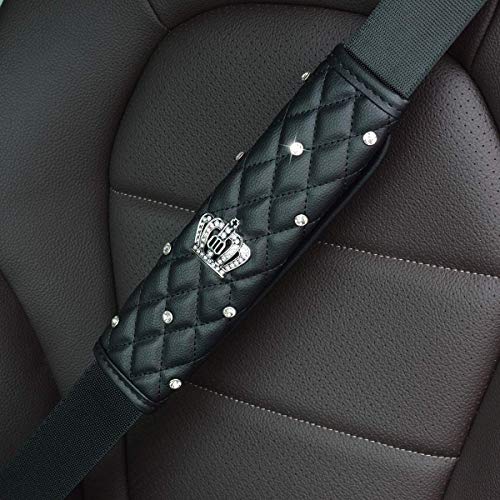 Queen Seat Safety Belt Pads - Leather Crystal Handbrake Cover - Bling Tiara Gear Crown Shift Stick Protector, for Girls Women or Ladies(4Pcs) - color: 1.1 Crown Bundle
