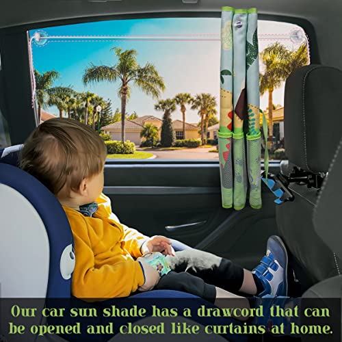 DIZA100 Car Window Shade for Baby, 2 Pack Car Sun Shades with Storage Pockets Car Window Curtain 7 Suction Cups Dinosaurs Pattern for Sun/Heat/UV Rays Protection - color: Green-2pcs