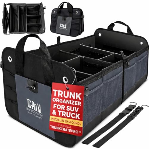 TRUNKCRATEPRO XL Heavy-Duty Trunk Organizer – Reinforced SUV & Truck Cargo Storage with 6 Adjustable Compartments, Non-Slip Base & Securing Straps (Foldable Design, Grey) - color: Gray, size: ExtraLarge