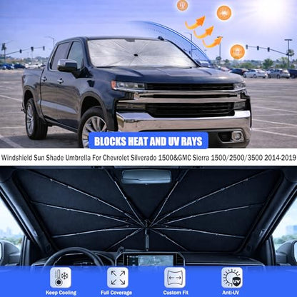 Car Windshield Sun Shade Umbrella-Custom-Fit For Chevrolet Silverado 1500&GMC Sierra 1500 2500 3500 2014-2019 Umbrella Sunshade,Easy Install,UV Protection & Heat Reflective,Keep Interior Cooler - size: For Chevy Silverado/GMC Sierra 1500 2014-2019