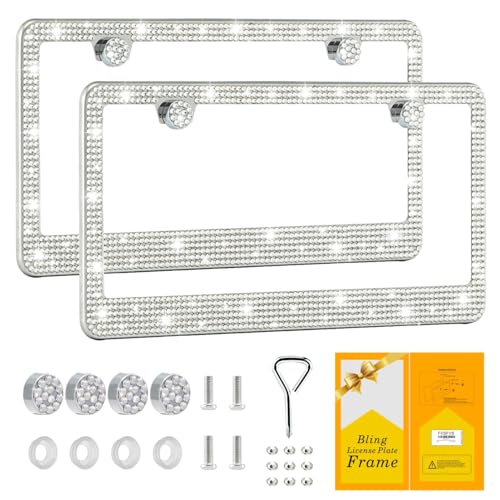FIISFIIS Bling License Plate Frame for Women,2 Pack Premium Stainless Steel Rhinestone Car License Plate Holder,Handmade Glitter Crystal Diamond Girl Lincense Plate Cover ,Bedazzled Sparkly Caps-White - color: White