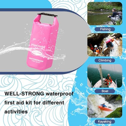 Boat First Aid Kit Waterproof, WELL-STRONG Marine Emergency Kit with Roll Top Dry Bag for Boating Fishing Kayaking – Water-Resistant Contents for Camping & Beach（Pink） - color: Ws011-pink