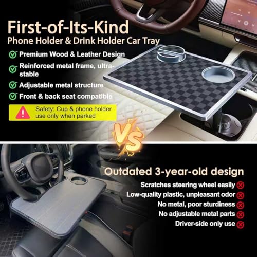 Car Food Tray & Car Table Tray with Car-Grade Aluminum Cup Holder & Phone Stand,360° Rotating Car Desk for Laptop & Eating, Compatible with Tesla Model Y/3/S, Best Fit Round Cup Holder (2.28" - 3.66") - color: 𝗦𝗾𝘂𝗮𝗿𝗲 · Grey&Black