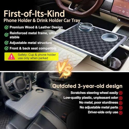 Car Food Tray & Car Table Tray with Car-Grade Aluminum Cup Holder & Phone Stand,360° Rotating Car Desk for Laptop & Eating, Compatible with Tesla Model Y/3/S, Best Fit Round Cup Holder (2.28" - 3.66") - color: 𝗦𝗾𝘂𝗮𝗿𝗲 · Grey&Black