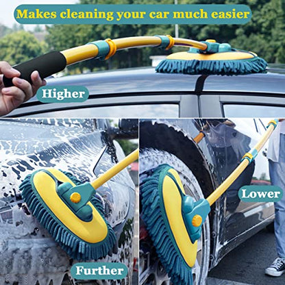 Car Wash Brush with Long Handle, Car Wash Mop Mitt with 2 Replacement Head , Extension Pole Car Brush Cleaning Kit for Cars Trucks - color: Green-2 Heads