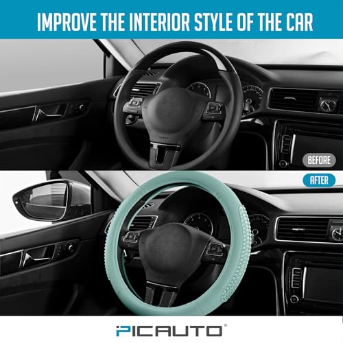 PIC AUTO Steering Wheel Cover, Glitter Gel Particles & Mint Luxury Leather Car Steering Cover, Universal Fit 14.5"-15.5" Anti-Slip Car Wheels Cover for Girls & Women - color: Mint