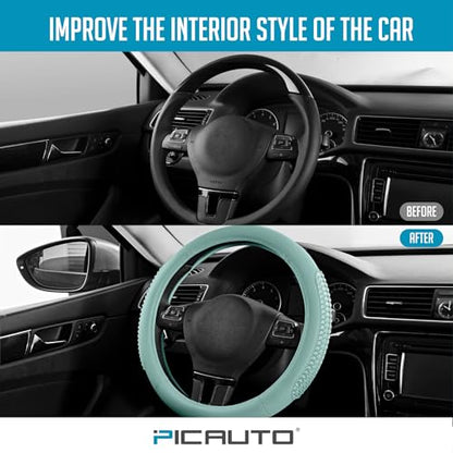 PIC AUTO Steering Wheel Cover, Glitter Gel Particles & Mint Luxury Leather Car Steering Cover, Universal Fit 14.5"-15.5" Anti-Slip Car Wheels Cover for Girls & Women - color: Mint
