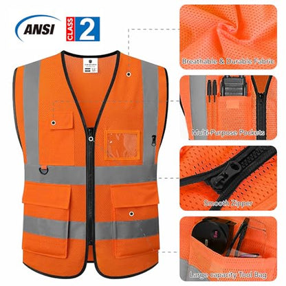 caparazon Unisex High-Visibility Reflective Safety Vest with Zippered Pockets - ANSI/ISEA Certified for Enhanced Work Safety - color: Orange