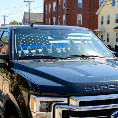 63"x28.5" Car Windshield Sun Shade with Storage Pouch, Stylish Printed Front Window Sunshade with Double Ring Frame, Universal Fit Foldable Heat Blocker & UV Protector for SUV, Sedan (Blue Line Flag) - color: Blue Line Flag