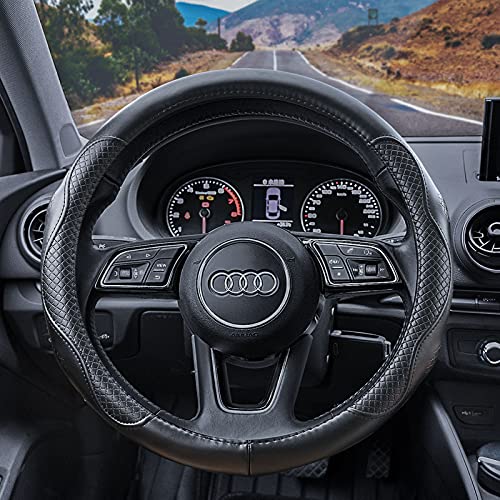 Haokay Heavy Duty Pure Cowhide Steering Wheel Cover, Black Genuine Leather Steering Wheel Cover Men Women Universal 14.5 to 15 Inch - color: black-3