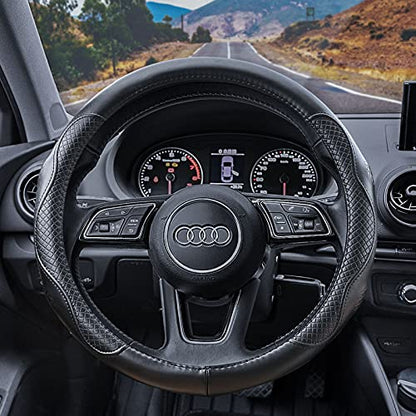 Haokay Heavy Duty Pure Cowhide Steering Wheel Cover, Black Genuine Leather Steering Wheel Cover Men Women Universal 14.5 to 15 Inch - color: black-3