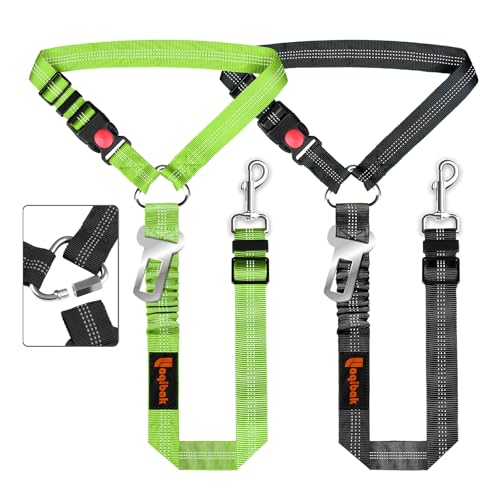 Removable Dog Seat Belt Harness for Car, 3 in 1 Pet Dog Car Seatbelt Leash, Retractable Restraint Secures to Vehicle Headrest & Adjustable Reflective Bungee Dog Seatbelt Tether, Green and Black - color: Black+Green