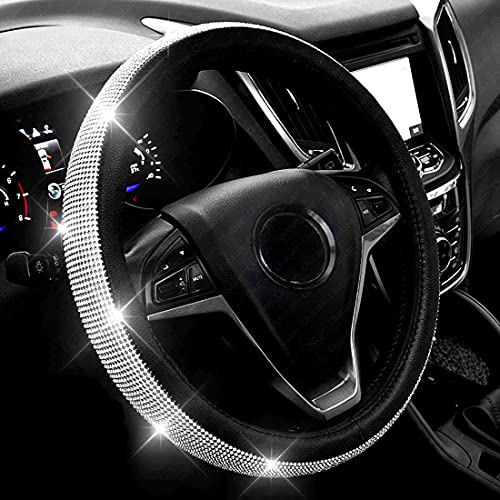 New Diamond Leather Steering Wheel Cover with Bling Bling Crystal Rhinestones, Universal Fit 15 Inch Car Wheel Protector for Women Girls Black - color: Black with White Diamonds, size: Standard Size[14"1/2-15"]