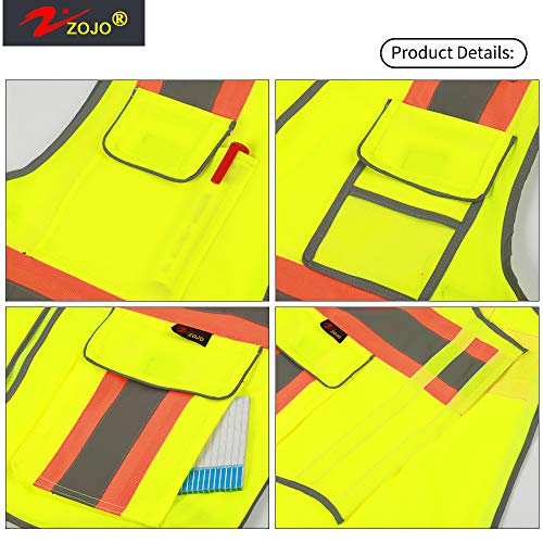 zojo High Visibility Safety Vest, 5PCS,Reflective with Multi-Functional Pockets and Zipper,for Men Women work(Yellow-Strip) - color: Yellow-strip