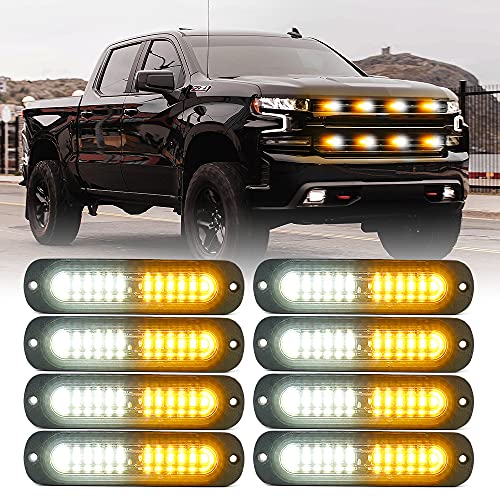 Xprite White Amber 12 LED Emergency Strobe Lights Kit Surface Flush Mount Side Marker Grill Grille Hazard Warning Flashing Light Head for Off-Road Vehicles ATV Trucks Cars - 8PCS - color: White Amber, size: 8pcs