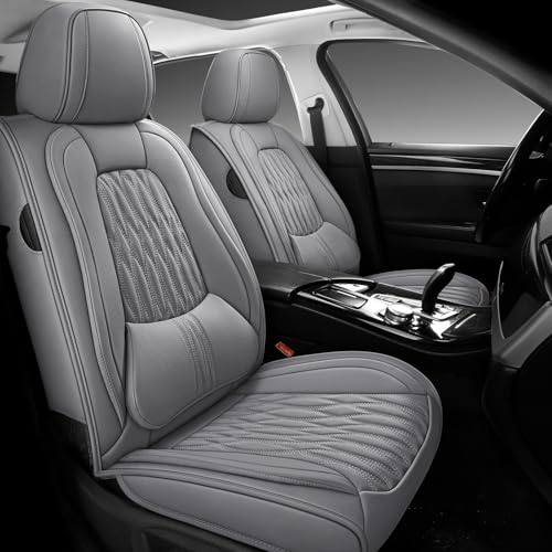 WELLDO Car Seat Covers Full Set, Leather Seat Covers for Car, Waterproof Car Seat Protector with Lumbar Support, Automotive Seat Covers Universal Fit for Most Cars SUV Truck, Gray,w02. - color: Gray-white, size: Front Pair