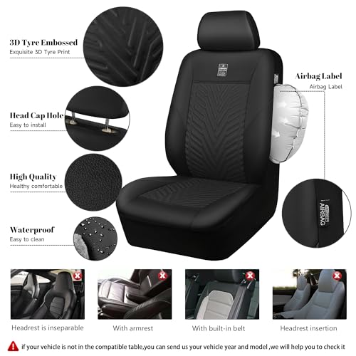CAR PASS Deluxe Faux Leather Car Seat Covers 2 Front Seats Only, 3D Tyre Embossed Waterproof Front seat Covers, Airbag Compatible, Durable Universal Fit Seat Covers for SUV Truck Automotive (Black) - color: Black