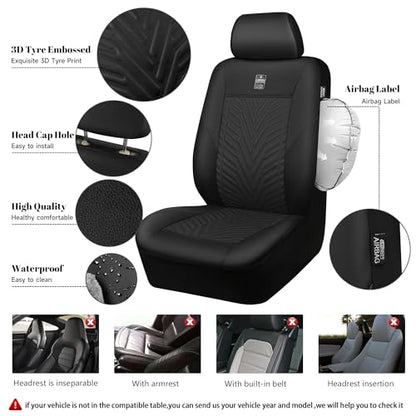 CAR PASS Deluxe Faux Leather Car Seat Covers 2 Front Seats Only, 3D Tyre Embossed Waterproof Front seat Covers, Airbag Compatible, Durable Universal Fit Seat Covers for SUV Truck Automotive (Black) - color: Black