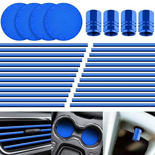 Frienda 28 Pcs Car Accessories: 20 Pcs Air Conditioner Decoration Strip, 4 Non-Slip Silicone Cup Coasters, 4 Car Tire Valve Stem Caps (Blue) - color: Blue