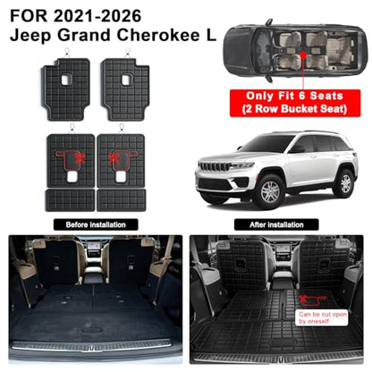 Floor Mats for 2021-2025 2026 Jeep Grand Cherokee L 6 Seats (2nd Row Bucket Seats) & Cargo Mat & Backrest Mat,TPE All Weather Protection Car Mats 2nd & 3rd Covering The Backrest Accessories - size: 2021-2026 Jeep Grand Cherokee L (6 seats)