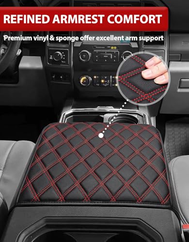 KBH Auto Center Console Armrest Cover for 2015-2020 Ford F150, 2017-2022 F250 F350 F450 F550, 2018-2024 Expedition, Bucket Seat Only, Anti-Scratch, Black-Red Stitch (Not for Other Years) - size: Bucket Seat, 15-20 F150 / 17-22 F250-F550