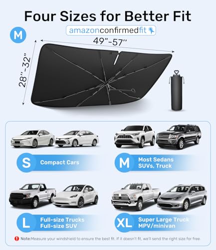 Zanch 2025 Upgraded Car Windshield Sun Shade [Cool Down by 75℉ ] with Heat Insulation Coating, Foldable Sunshade Umbrella Flexible Handle & Ribs, Medium (57''x32'') for Car, SUV, Truck, Van - size: Medium 57''x32''
