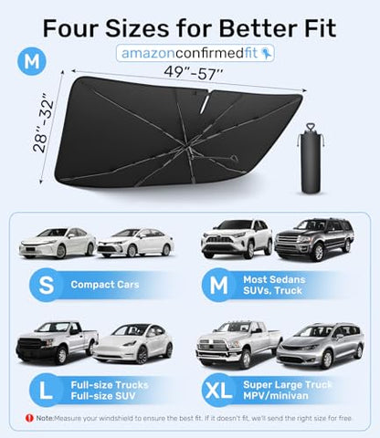 Zanch 2025 Upgraded Car Windshield Sun Shade [Cool Down by 75℉ ] with Heat Insulation Coating, Foldable Sunshade Umbrella Flexible Handle & Ribs, Medium (57''x32'') for Car, SUV, Truck, Van - size: Medium 57''x32''