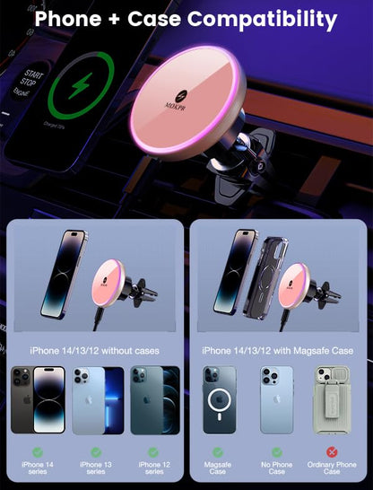 MOKPR for Magnetic Car Mount Charger-15W Wireless Car Charger-Magnetic Car Phone Holder for Dash Air Vent-LED RGB HandsFree Car Mount Fast Car Charger for iPhone 16 15/14/13/12 Pink - color: Pink