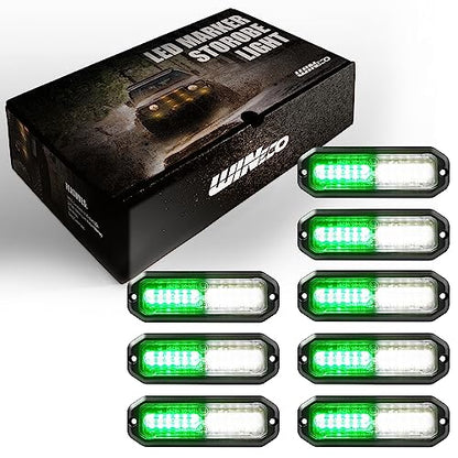 WINECO Green/White 8pcs Ultra Slim LED Emergency Strobe Police Lights, Surface Mount Grill Grille Hazard Safty Warning Flashing Light for Volunteer Trucks Vehicles - color: Green/White