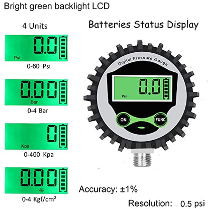 Digital Low Pressure Gauge with 1/4'' NPT Bottom Connector and Rubber Protector by Uharbour, 5-60 psi, Accuracy 1%, Resolution 0.1psi - size: 5-60psi