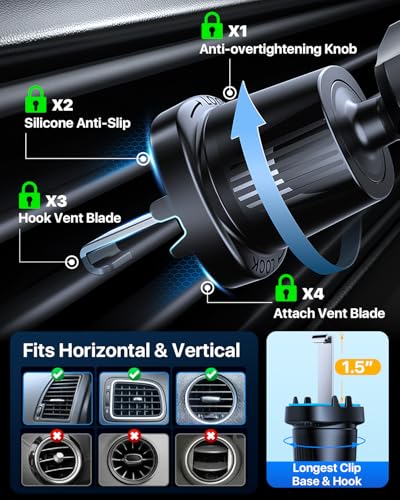 YRU Phone Holders for Your Car [2026 Upgraded Military Metal Hook], Cellphone Holder Car[No Fear of Bumps] Vent Phone Mount Truck Compatible with iPhone17 16 15 14 13 12 Samsung Android, Black - color: Black