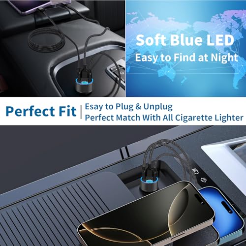 USB Fast Car Charger, Stuffcool 60W 2USB-A + 2QC3.0 Car Power Adapter 4-Port Car Charge Cigarette Lighter USB Charger Car Carplay Charger for iPhone 17 17 Pro 16 15 14 13 12/Galaxy S26 S25/Pixel/iPad - color: Matte Black