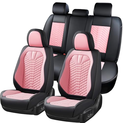 Coverado Seat Covers Full Set, Waterproof Nappa Leather Seat Covers for Cars, 5 Seats Universal Car Seat Protectors, Black and Pink Leather Car Seat Covers Car Seat Cushions Fit for Most Cars - color: Patchwork-Black&Pink, size: Fullset