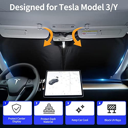 Upgraded Sunshade, Improved UV Protection Fabric, Foldable Front Sun Shade, Custom Accessories for Tesla Model 3/Y/Y Juniper 2016 to 2026 - size: For Tesla Model 3/Y (57''×35'')