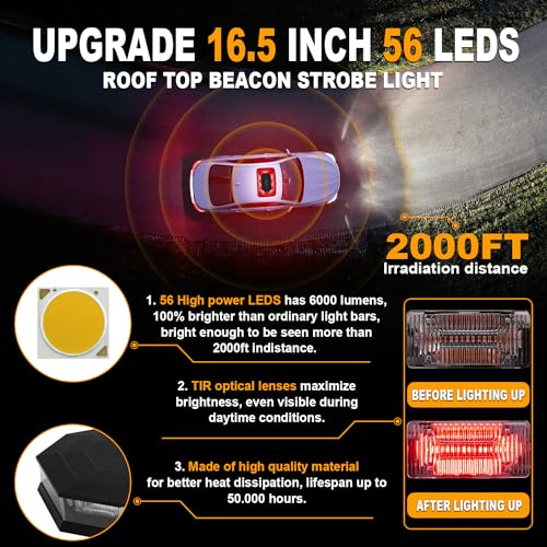 ASPL 16.5 Inch Roof Top Beacon Emergency Strobe Light With Controller - 56 LED Magnetic Warning Caution Bar for Traffic Hazard Plow - Trucks Vehicles Construction Snowplow (Red/White) - color: Red/White