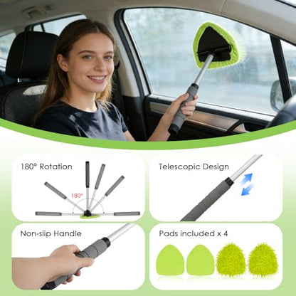 8PCS Windshield Cleaner Tool, Car Windshield Cleaner Tool with Extendable Handle 180° Rotation,Car Window Cleaner with 4 Reusable Microfiber Pads+100ml Spray Bottle+1 Detailing Brush
