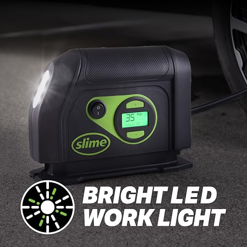 Slime 40088 Tire Inflator, Portable Car Air Compressor, Inflate Right automatic shut off, with Digital 99 psi Display, Long Hose and LED Light, 12V, 6 min inflation - style: Digital