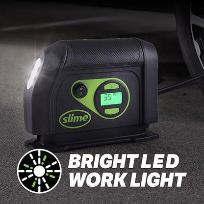 Slime 40088 Tire Inflator, Portable Car Air Compressor, Inflate Right automatic shut off, with Digital 99 psi Display, Long Hose and LED Light, 12V, 6 min inflation - style: Digital