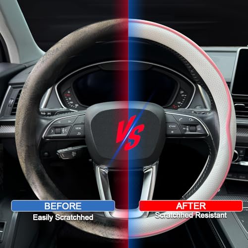 HAOTULE Leather Steering Wheel Cover， with Anti-Slip Stripe Design - Enhanced Grip, Fashion Style, Safe, Non-Slip, Breathable. Upgrade car Interior，White Pink - color: White Pink