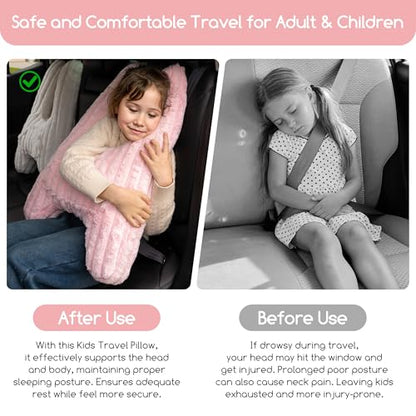 HIGOGOGO Washable Travel Pillow, Car Pillow for Kids & Adults, Upgraded Travel Pillows with Removable Soft Cover and High-Support Foam, Fix Neck and Body Sitting/Sleeping on The Trip, Pink - color: A-pink