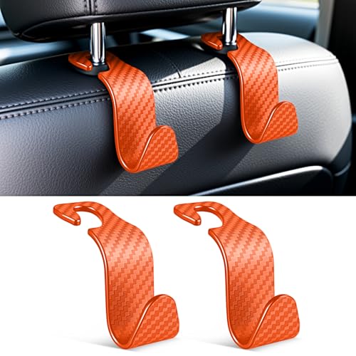 SINGARO Universal 2 Pack Car Seat Headrest Purse Hook, Carbon Fiber Back Seat Hook Storage Organizer Hanger for Purse Handbag Coat, Car Interior Accessories(Orange) - color: Orange, size: 2pc